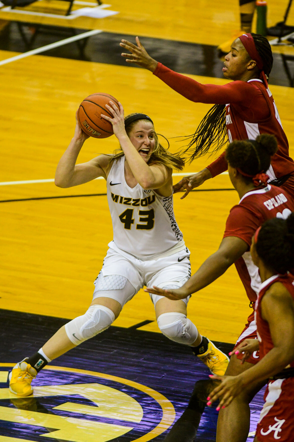 University of Missouri guard Hayley Frank looks for an opening to pass the ball